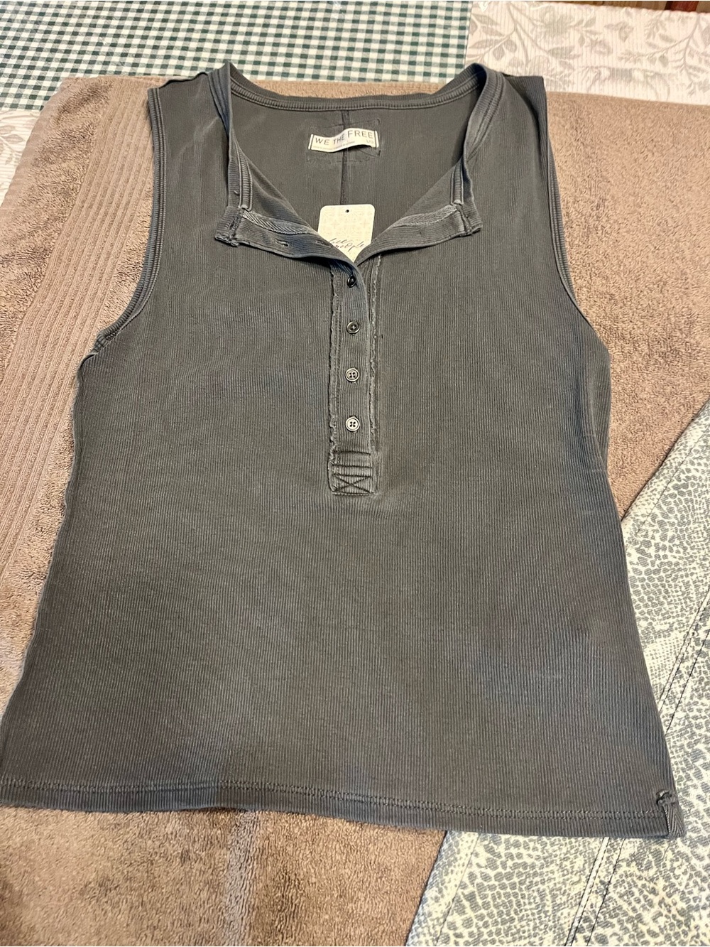 Free People Charcoal Ribbed Henley Tank